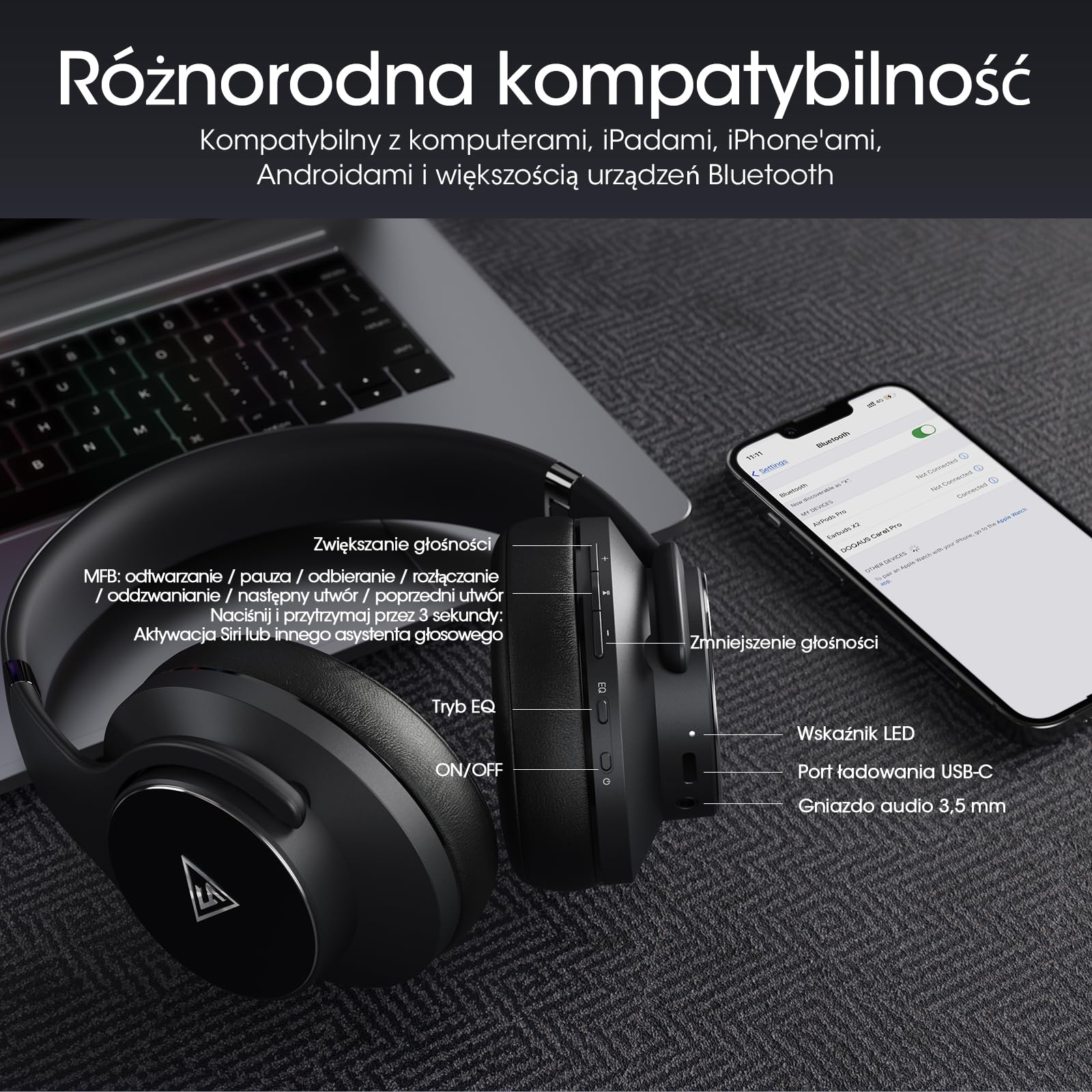 DOQAUS Bezprzewodowy zestaw słuchawkowy Bluetooth 90H z mikrofonem /3EQ,Słuchawki audio Bluetooth, bezprzewodowe składane słuchawki do komputerów/telefonów komórkowych