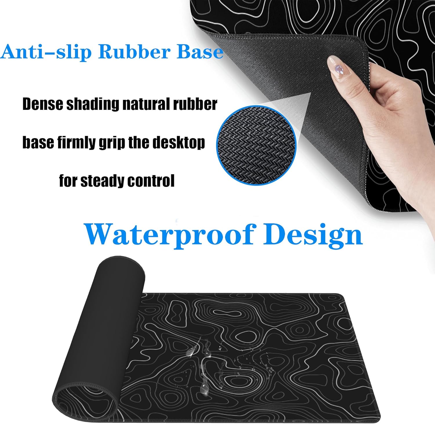 Topographic Gaming Mouse Pad Large Desk Mat,Black Mouse Pad Gaming Desk Pad,31.5 x 11.8 Keyboard Pad Minimalist Mouse Pads for Desk,Extended Mouse Mat Mousepad with Non-Slip Base and Stitched Edge - Image 4