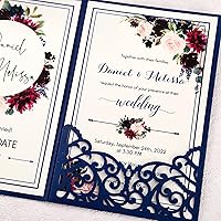 Vista 6 de 50 invitaciones de boda personalizadas de 4.7 x 7 pulgadas, color azul marino, cortadas con láser, con sobres, bolsillo rosa hueco y banda