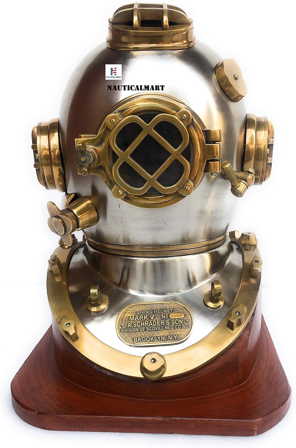 Antique Brass Scuba Diving Divers Helmet US Navy Mark V Solid Brass 18" w/Base