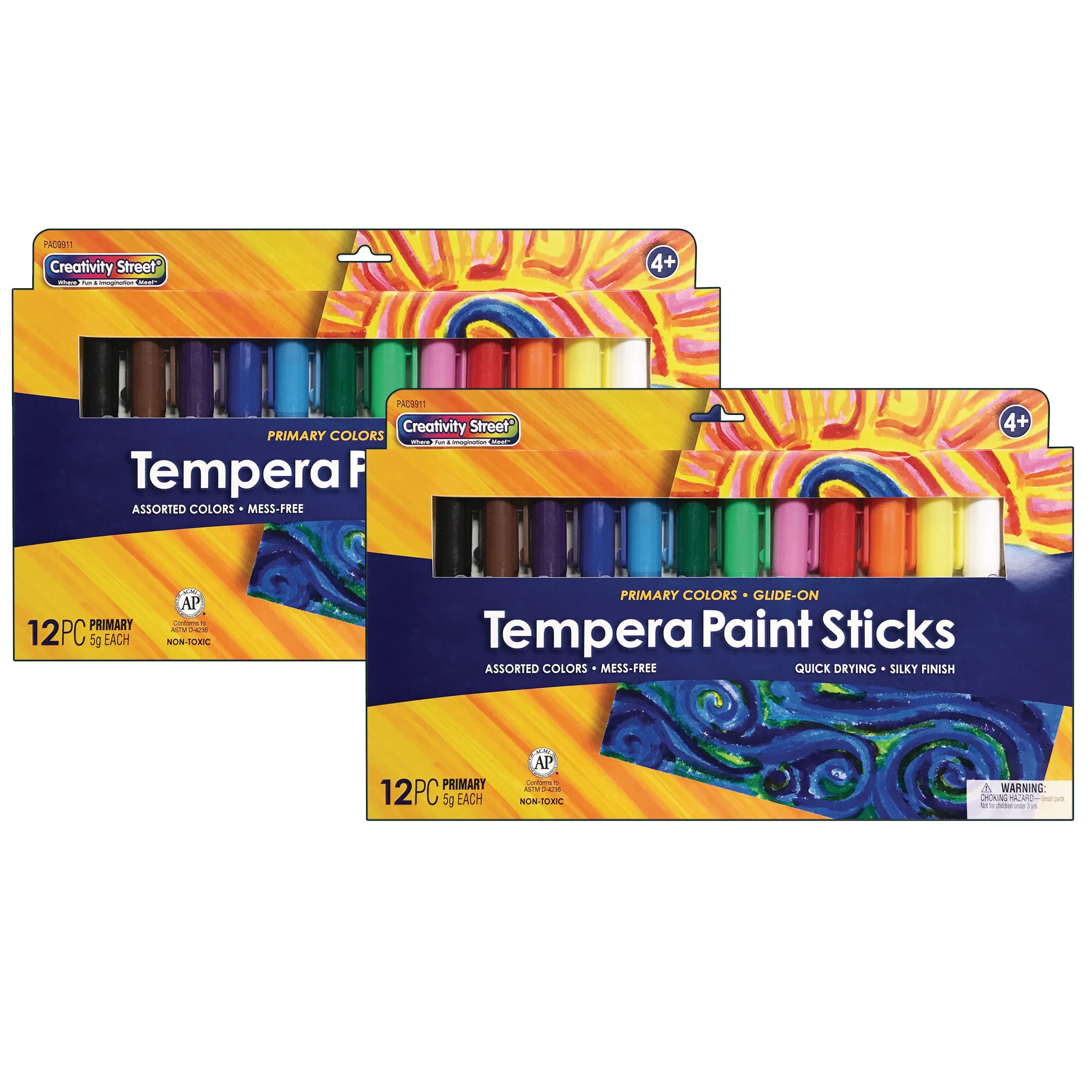 Creativity Street Glide-On Tempera Paint Sticks, 12 Assorted Primary Colors, 5 Grams, 12 Per Pack, 2 Packs