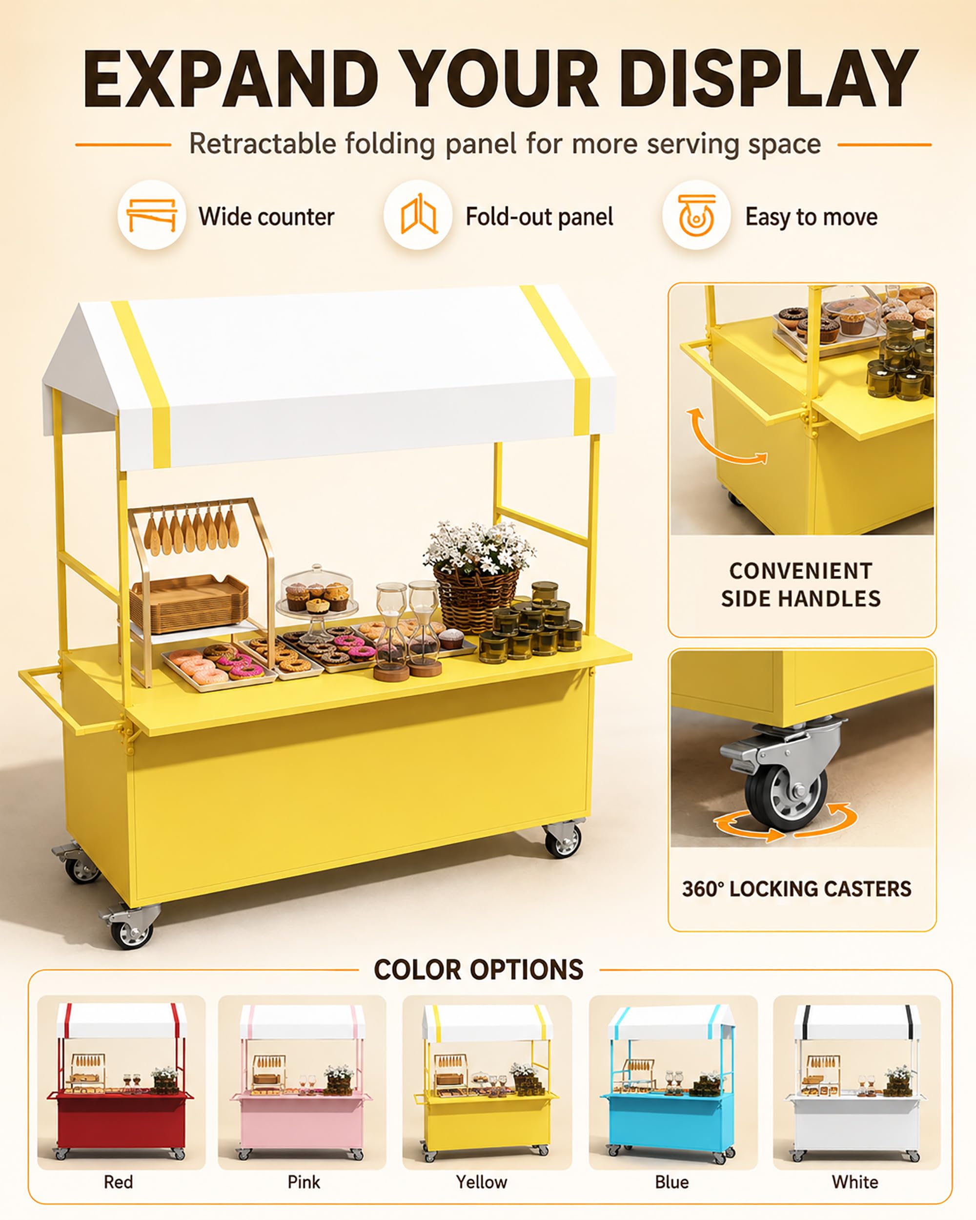 Carrello Portatile per Venditori Ambulanti con Pannello Estensibile Pieghevole, Espositore da Strada, Carrello Mobile per Alimenti con Tettoia per Street Food, caffè, Eventi