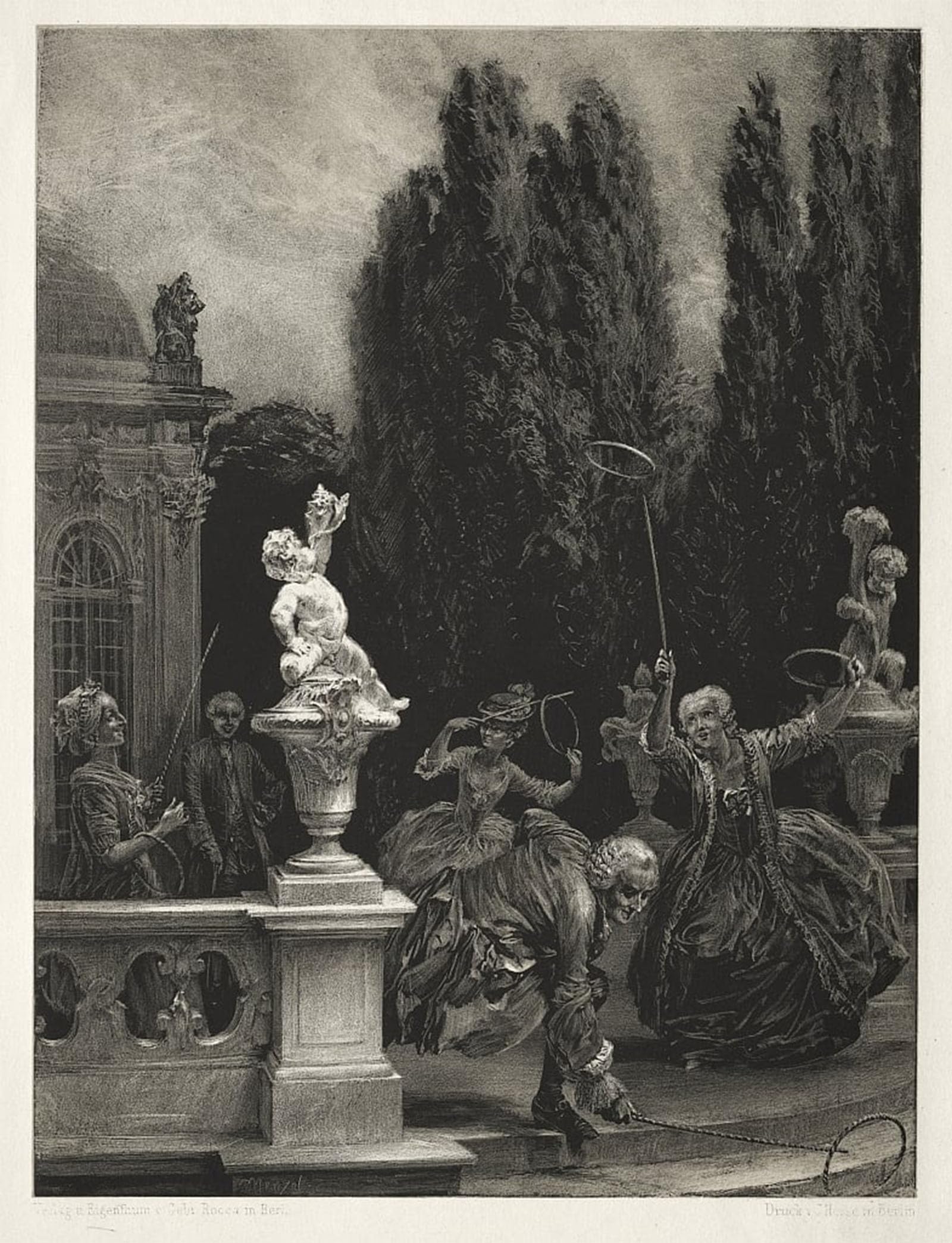 POSTERIIk Vintage Print Pop Art Landscape Artwork Essay on Stone with Brush and Scraper: Playing at Hoops on the Castle Terrace by Adolph Menzel Art Prints for Office Home Decor 60x90cm