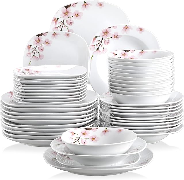VEWEET 'Annie' Dinner Set, Ivory White Pink Floral Dinnerware Tableware, 48 Pieces Dinner Service Set for 12, Include inch Dinner Plate, Dessert Plate, Soup Plate and Bowl