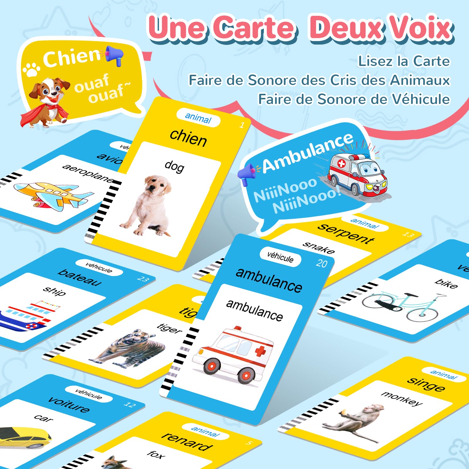 AHJ Schede Flash Cards Parlanti (Francese e Inglese), Giocattoli di Apprendimento per Bambini dai Anni, Educativi Prescolari da Ascoltare e Imparare di Base 112 Flashcard 224 Parole (Rosa)