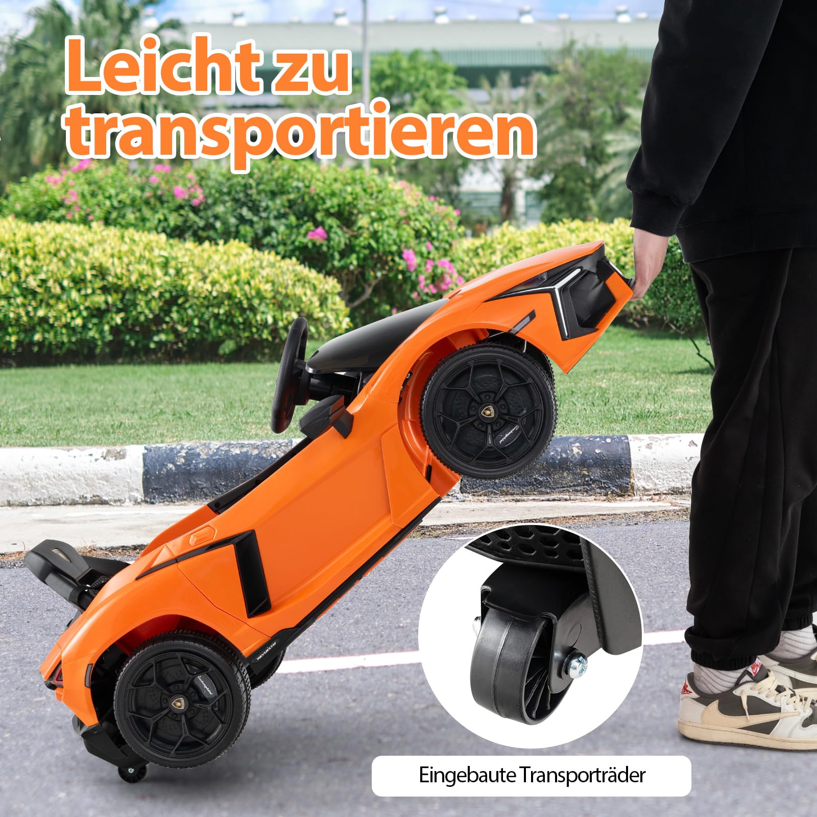 COSTWAY Samochód elektryczny dla dzieci Lamborghini Revuelto, elektryczny samochód dla dzieci 12 V z reflektorami LED, klaksonem i muzyką, 3-5 km/h, w zestawie pilot zdalnego sterowania (pomarańczowy)