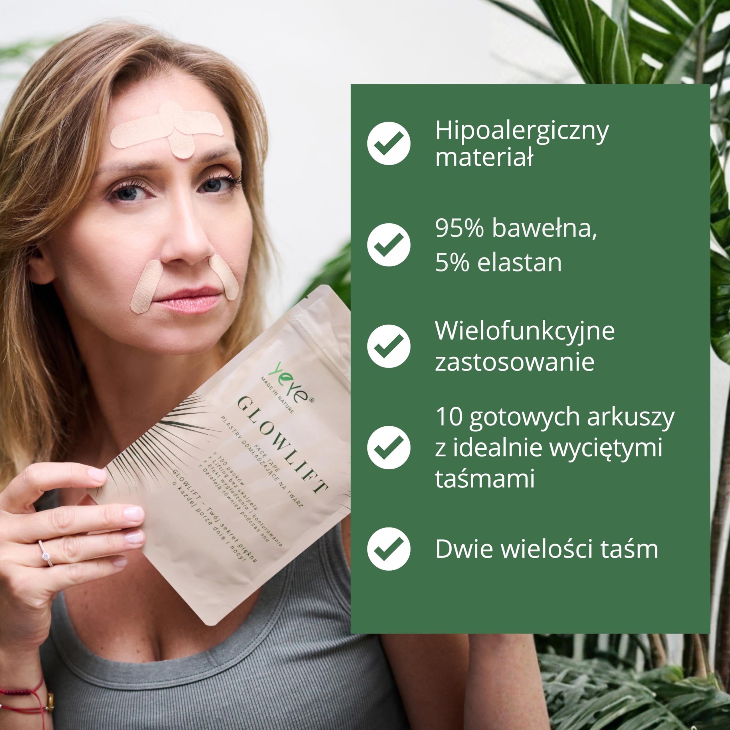 YEYE Made in Nature GlowLift Face Tape - Liftingujące Taśmy do Twarzy 100 sztuk, Gotowe plastry do Face Tapingu, Taśmy Kosmetyczne na Zmarszczki, Owal Twarzy, Czoło, Policzki i Linię Żuchwy