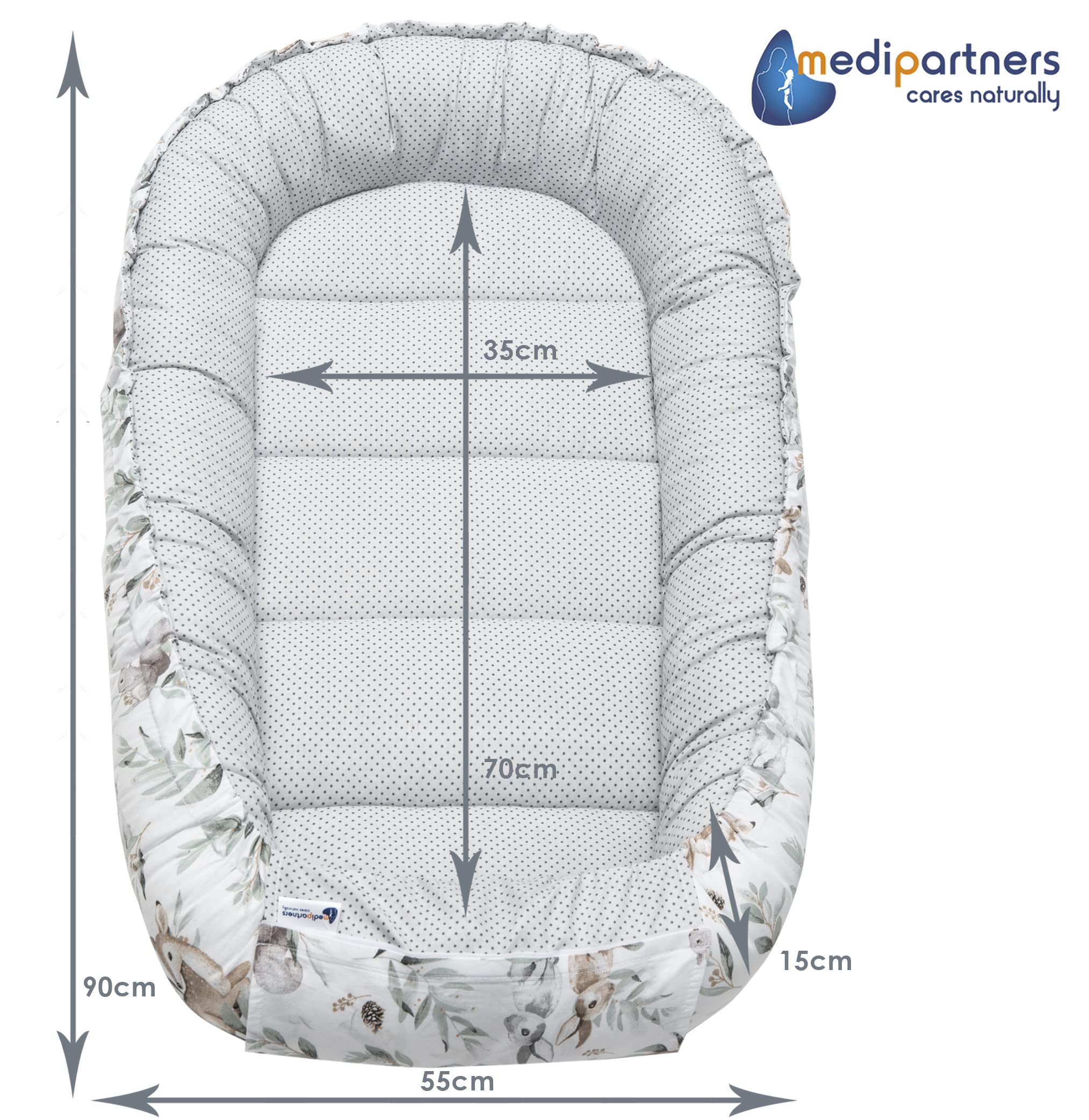 Medi Partners Riduttore Lettino Neonato - 100x60x15 Nido Antisoffoco Neonati Bozzolo Culla per Bebè Cuscino 100% Cotone Minky (Cervo in foglie con Minky grigio)