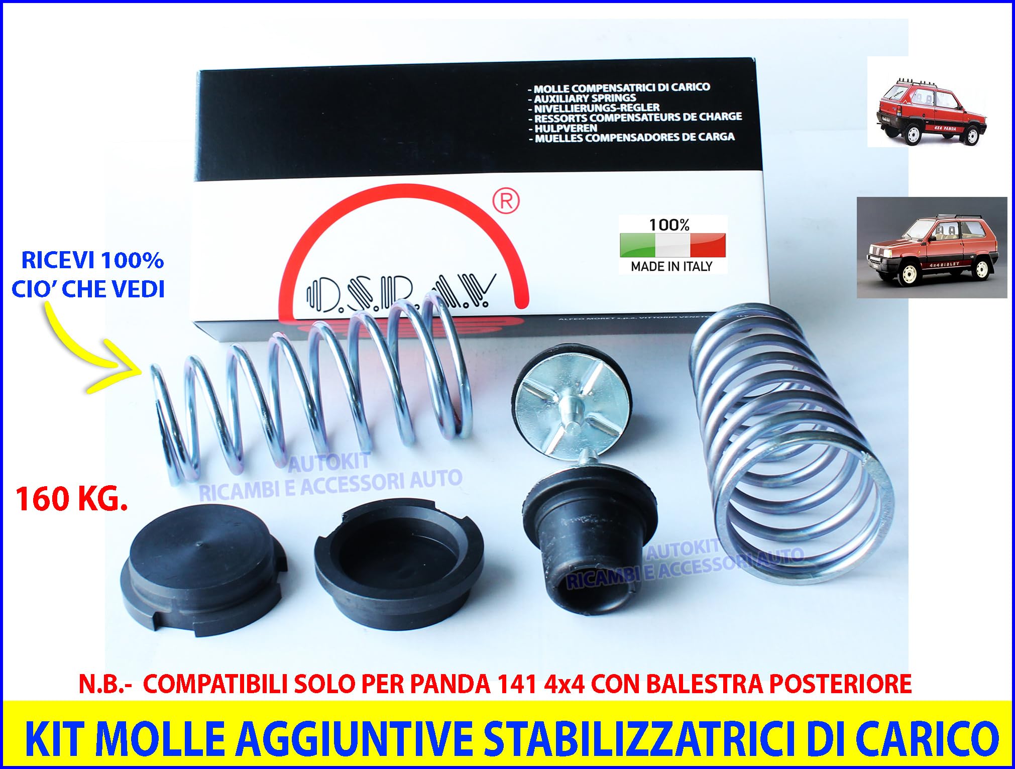 KIT Molle Posteriori Sovraccarico Rialzo Stabilizzatrici di Carico 160 KG. Specifiche per Panda modello 141 prodotte dal 1986 al 2003 (N.B. solo per modello 4x4) con Balestra Posteriore 10827-160
