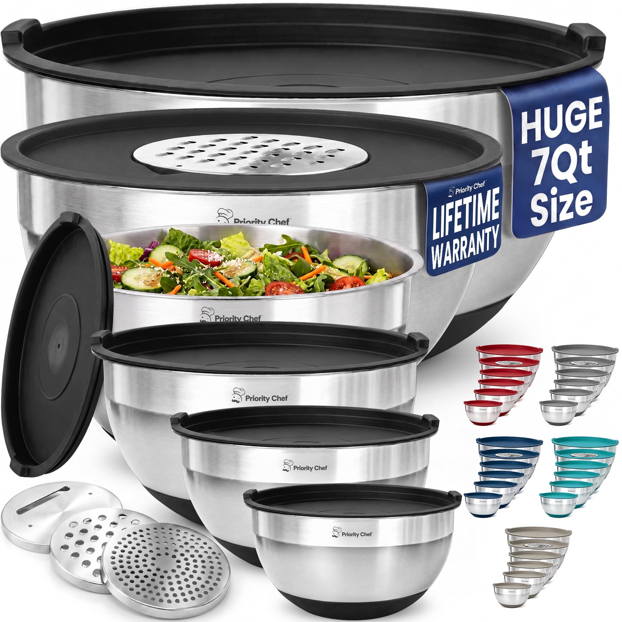 PriorityChef Edelstahl-Rührschüsseln mit Deckel, 3 Reibeaufsätze, luftdichte Deckel, rutschfester Silikonboden, Rührschüssel-Set, 6 Stück, große Metall-Rührschüsseln für Küche, Schwarz