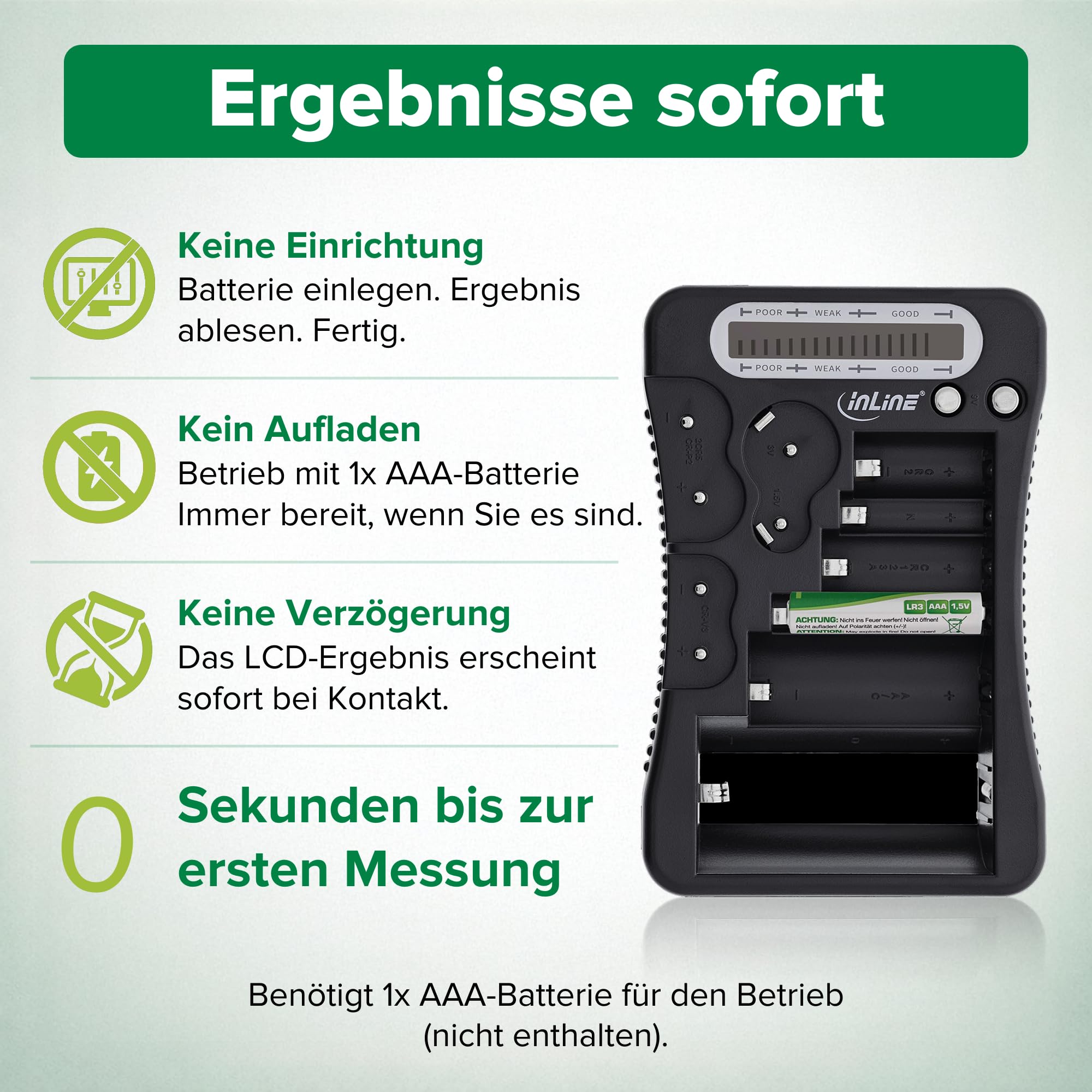 Inline 01285 Testeur de Piles avec écran LCD pour Piles Rondes et Boutons et Bloc 9 V