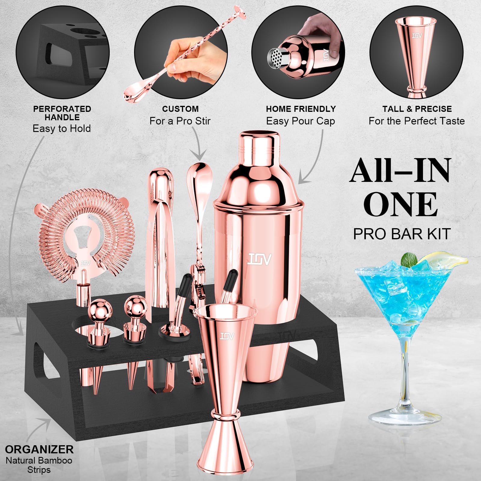 IOV Mixology - Kit da barista con supporto, set da 12 shaker per cocktail, shaker per martini da 680,4 g, per miscelare bevande, set da bar include tutti gli strumenti da bar e il libretto di ricette,