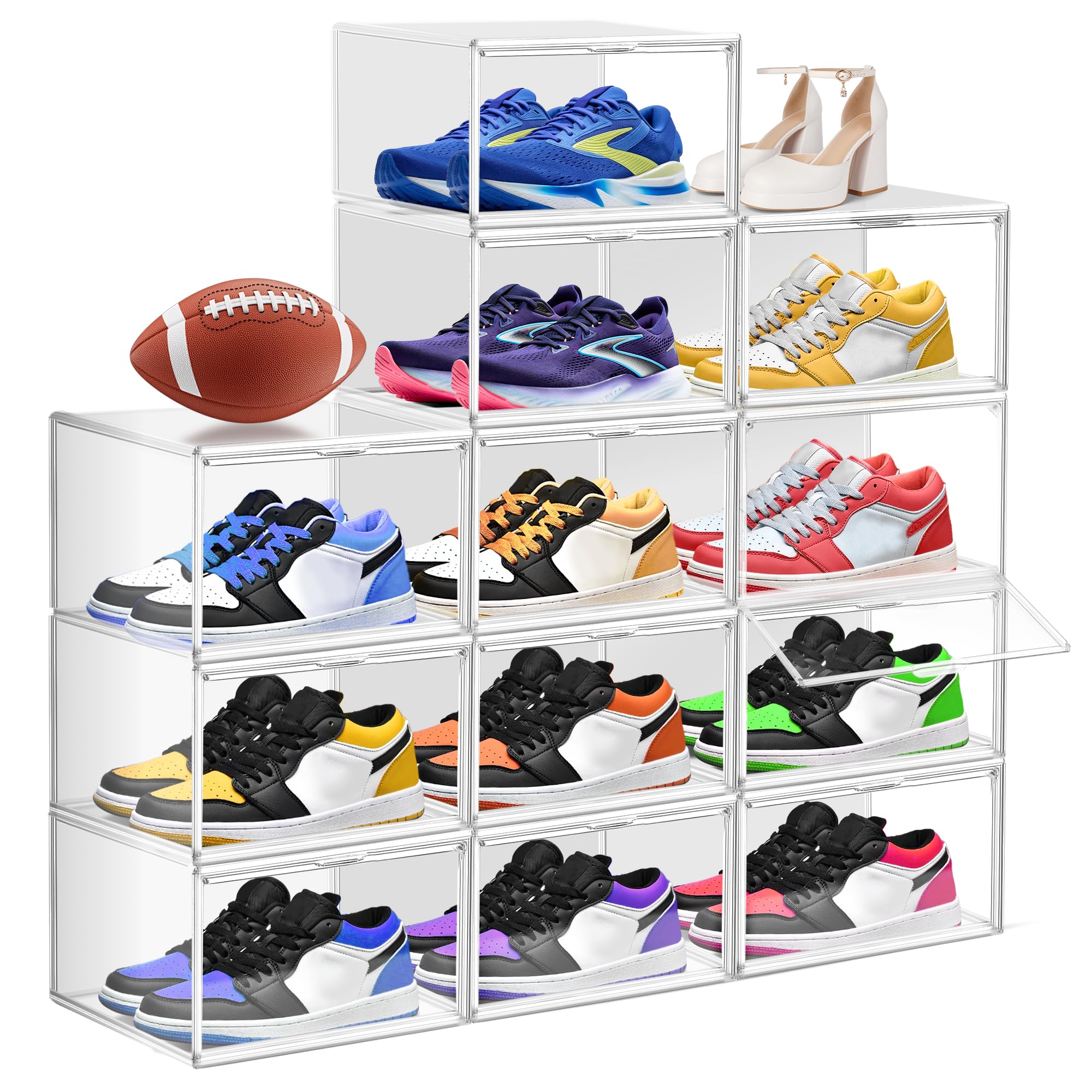 12 Stück Kunststoff Schuh Aufbewahrung Box Fit EU 46, stapelbare Schuh Display Case mit Magnet Acryltür, transparente klare Kunststoff Sneaker Boxen Boot Handtasche Organizer Schuhbehälter