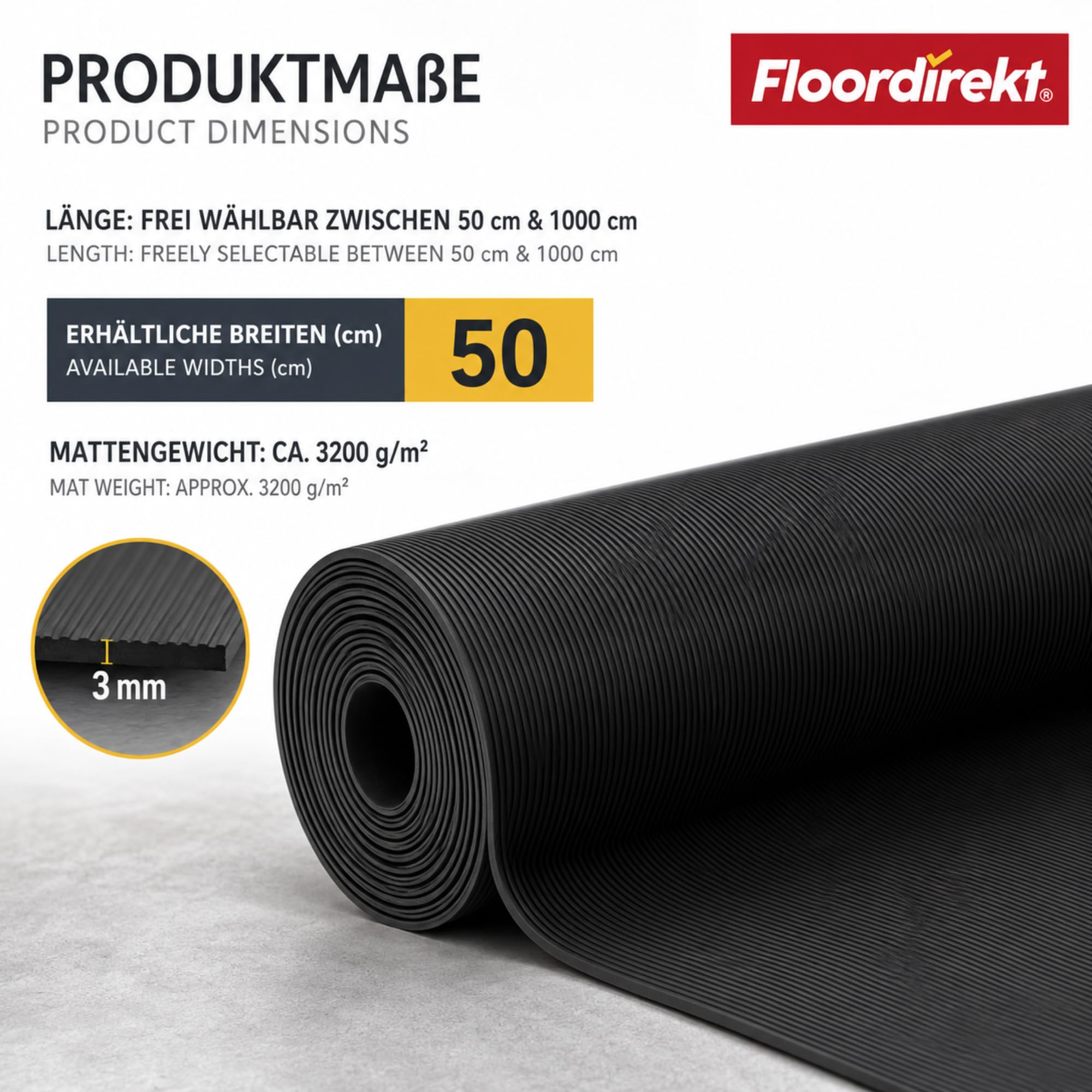 Floordirekt - Kabelschutzmatte 3 mm, Kabelmatte, Feinriefenmatte Kabelschutzmatte Outdoor kabelmatten Gummi (50cm, 5 Meter)