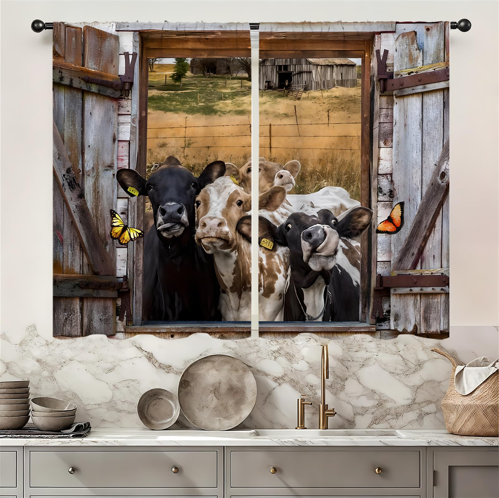 Famiffty Farmhouse Cow Cattle Kitchen Curtains 27.5W X 39L Inches 2 Panels Vintage Country Retro Funny Animal Brown Old Barn Door Rustic Wooden Small