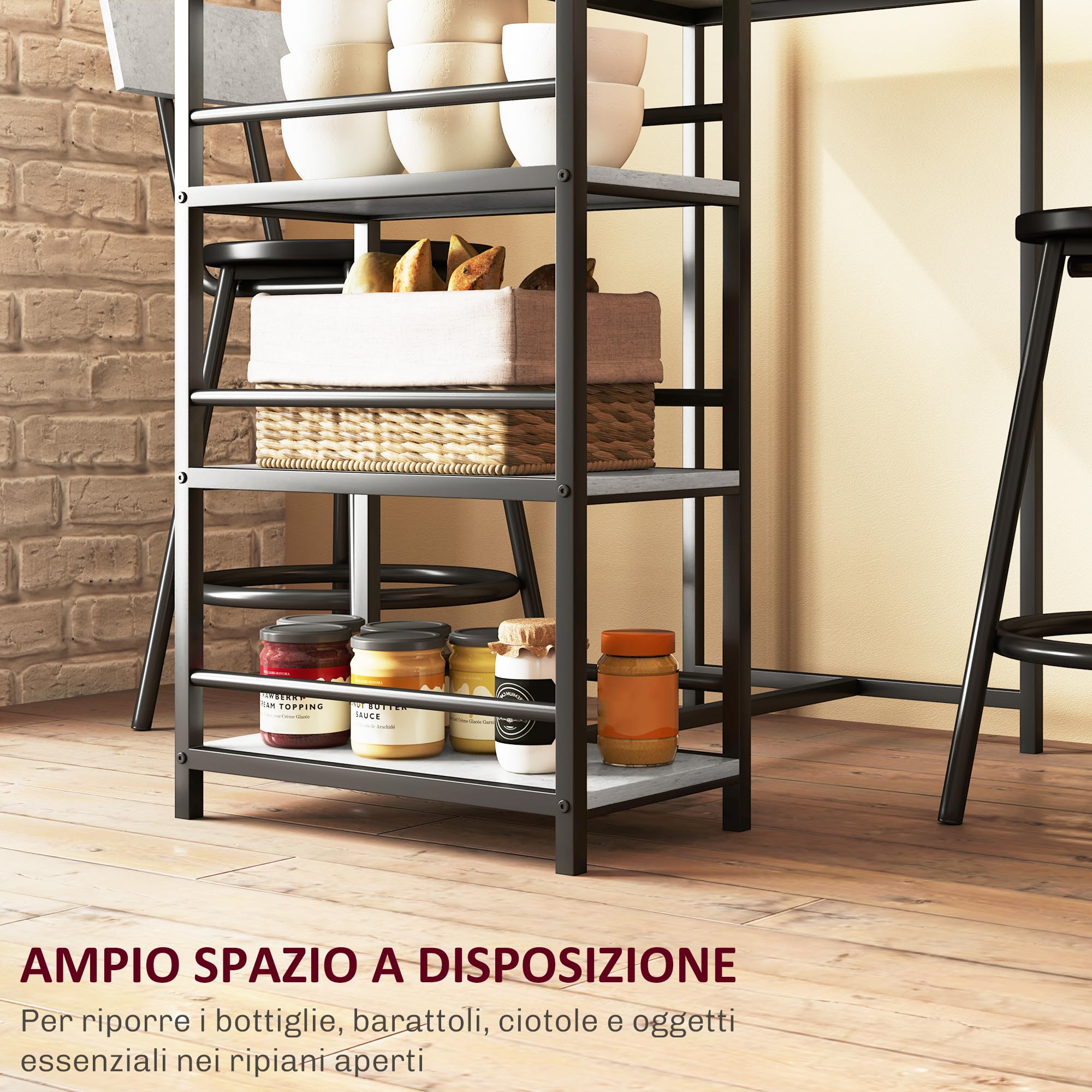 HOMCOM Set Tavolo Bar con 2 Sgabelli, Bancone Bar con 3 Ripiani, Tavolo Alto con Sgabelli Bar con Schienale, Tavolino Bar per Pranzo, Soggiorno e Cucina, Grigio Chiaro