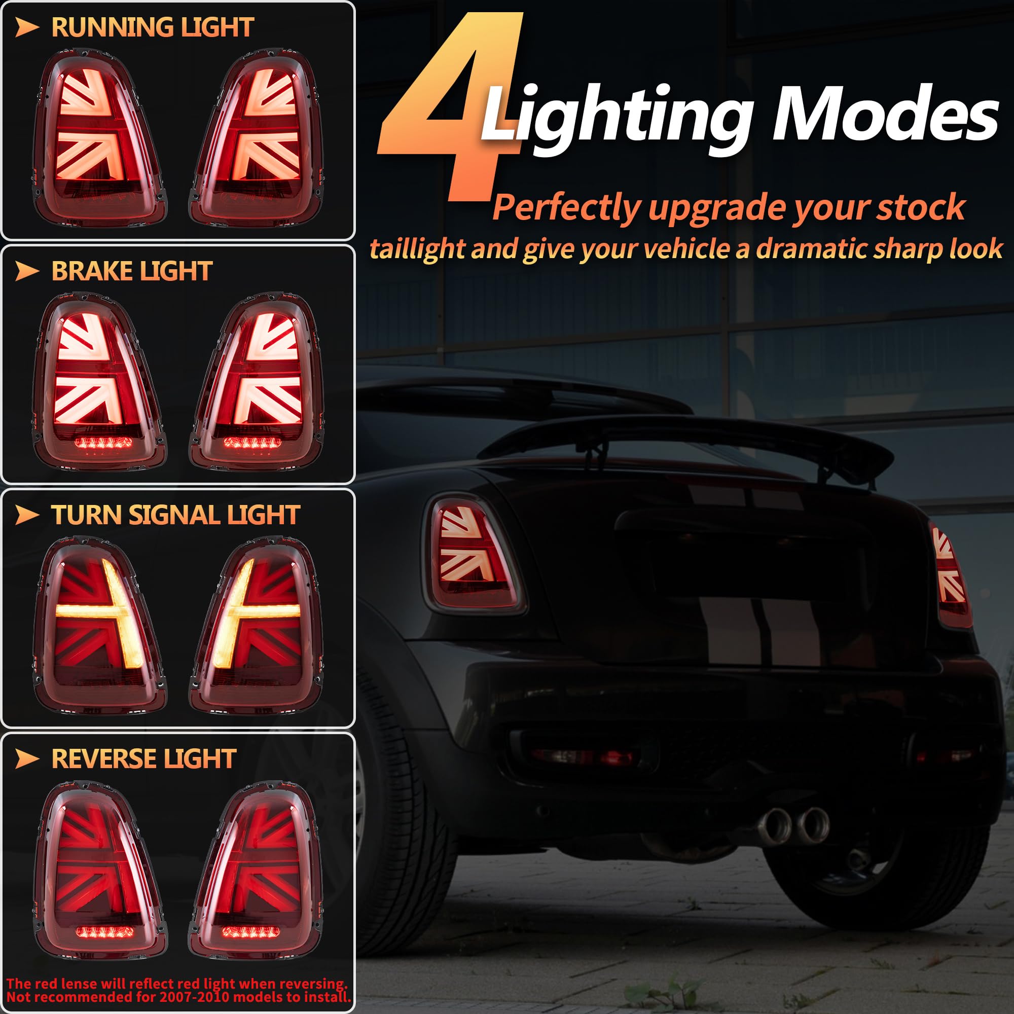 VLAND Union Jack Fari Posteriori LED per Mini Cooper R56 R57 R58 R59 2011-2013 [Non per 2007-2010], con indicatori di direzione dinamici, 1 set (lato guidatore + passeggero) (Rosso)