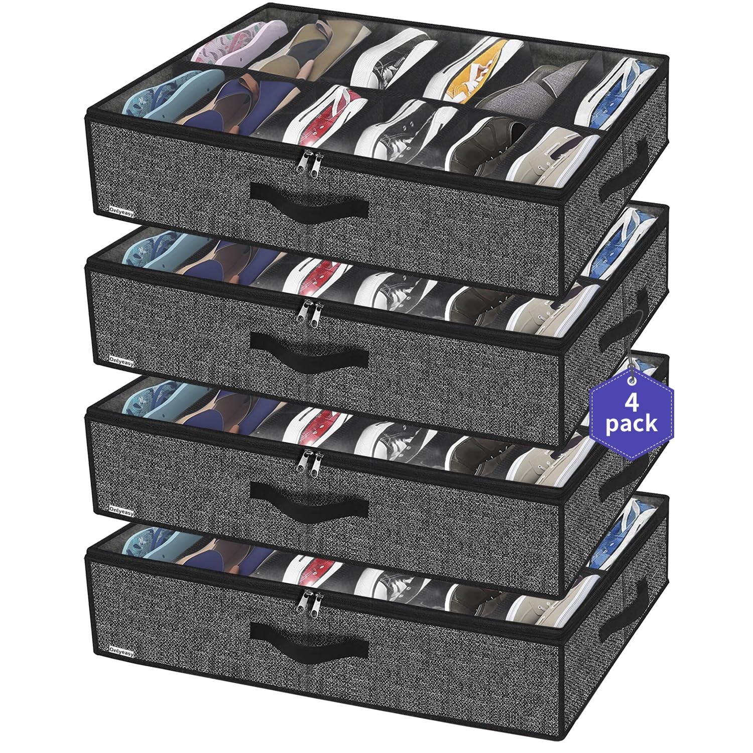 OnlyeasyUnder Bed Shoe Storage Organizer For Closet, 4 Pack Fit 12x4 Pairs, Underbed Solution Shoes Container Bags with Sturdy Sidewall & Reinforced Handles, Breathable, Linen-like Black, MXAUBSB4P
