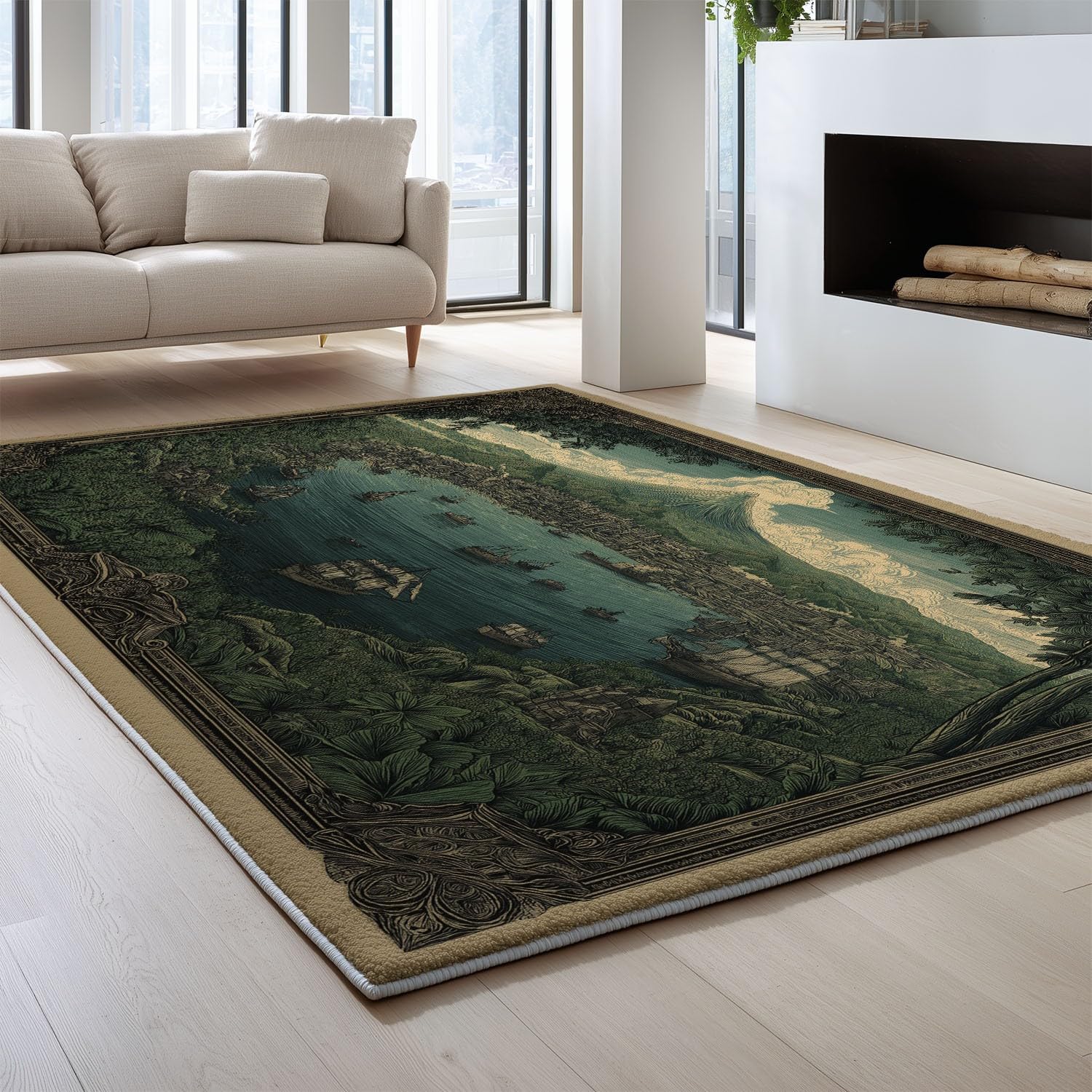Genérico Alfombras Estampadas 120 x 180 cm, Océano Vintage Alfombra Antideslizantes Puerto Barco montaña Clásico nostálgico, Alfombras Lavables Despacho salón, Verde Oscuro