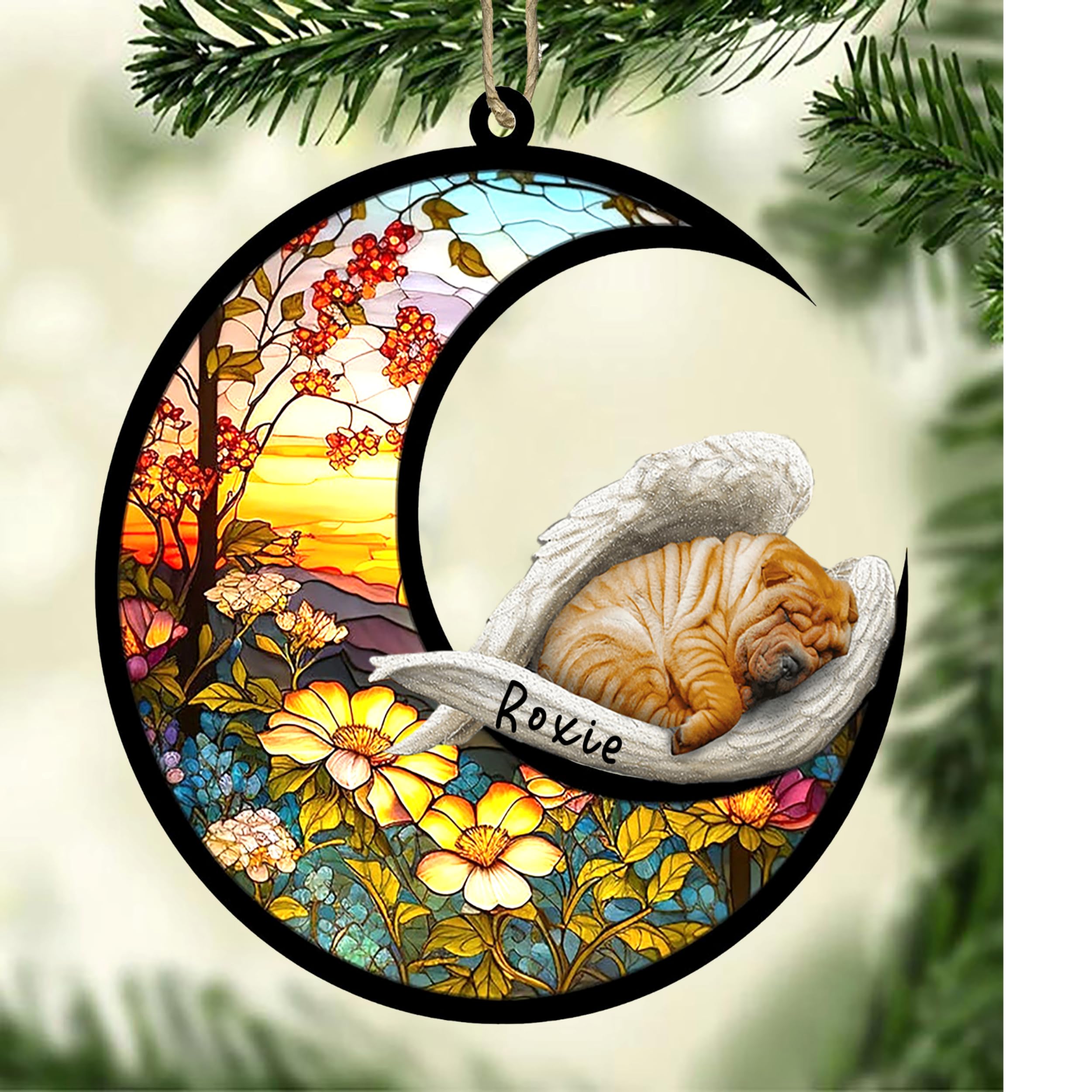 Personalized Shar pei Dog Memorial Suncatcher, Shar pei Christmas Ornament with Name, Pet Loss Catcher, Gifts for Dog Lovers Loss of Dog, Shar pei Sleep on Haven