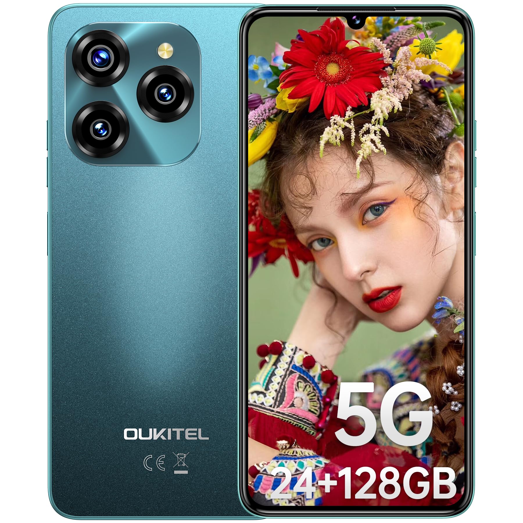 OUKITEL C50 Smartphone 5G Android 14 2024, 24GB+128GB/1TB Telefono, 6.8"HD+ Cellulare, 50MP Telefoni, Dimensity 6100+ Cellulari, 5150mAh Telefono Cellulare, Dual SIM Smartphone, Face ID/GPS/OTG, Verde
