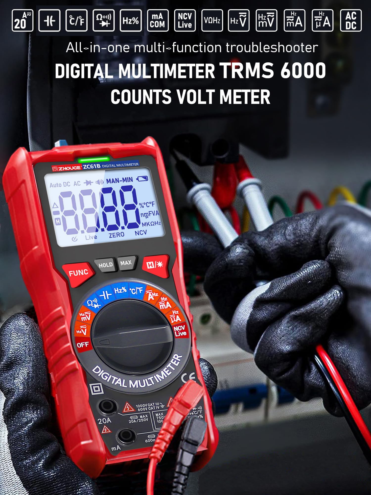 Digital Multimeter TRMS 6000 Counting,with DC AC Voltmeter Ohm Volt Amp Meter Temperature Frequency NCV Measures Voltage Current Resistance Diode Continuity Capacitance, Home, Automotive Battery Test