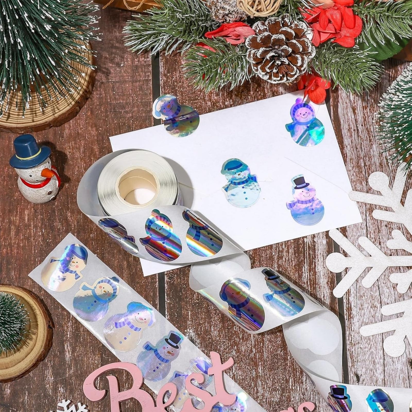 Christmas Snowman Laser Stickers, 500Pcs Self-Adhesive Decals for Decor Party Supplies and Gift Wrapping