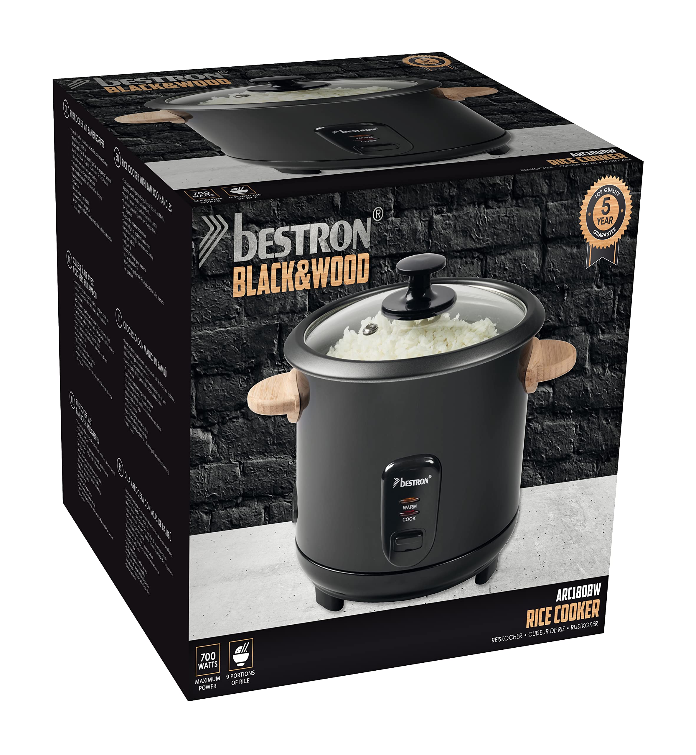 Bestron Cuiseur à riz avec poignées en bois, pour 8 à 10 personnes, avec tasse à mesurer et cuillère à riz, avec fonction chauffante, capacité de 1,8 l, 700 W, couleur : noir