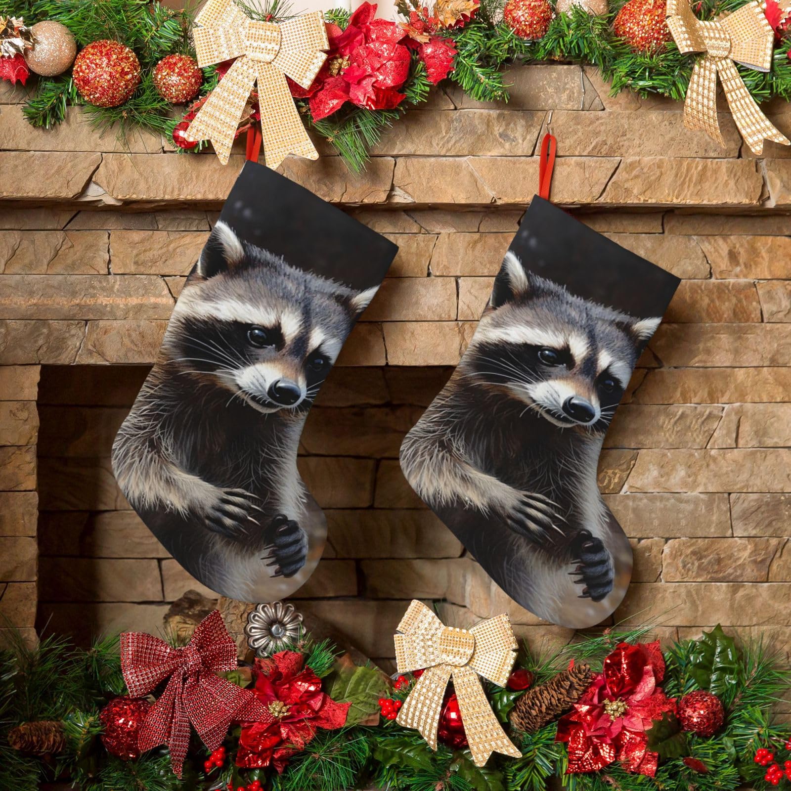 KLOPH Christmas Stockings 18" Personalized Xmas Stocking Raccoon Decoration Stocking Hanging Fireplace Stocking for Holiday Xmas Tree Christmas Fireplace Decor