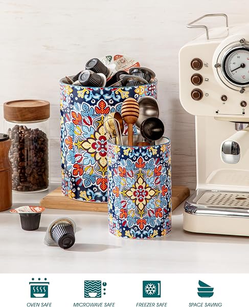 vancasso 2-tlg Küchenutensilienhalter, 18,6 cm + 14 cm Keramik Utensilienhalter im Boho-Stil, Behälter für Küchenutensilien, Kitchen Utensil Holder für Spatel & Löffel, Dämmerungsblüte - 4