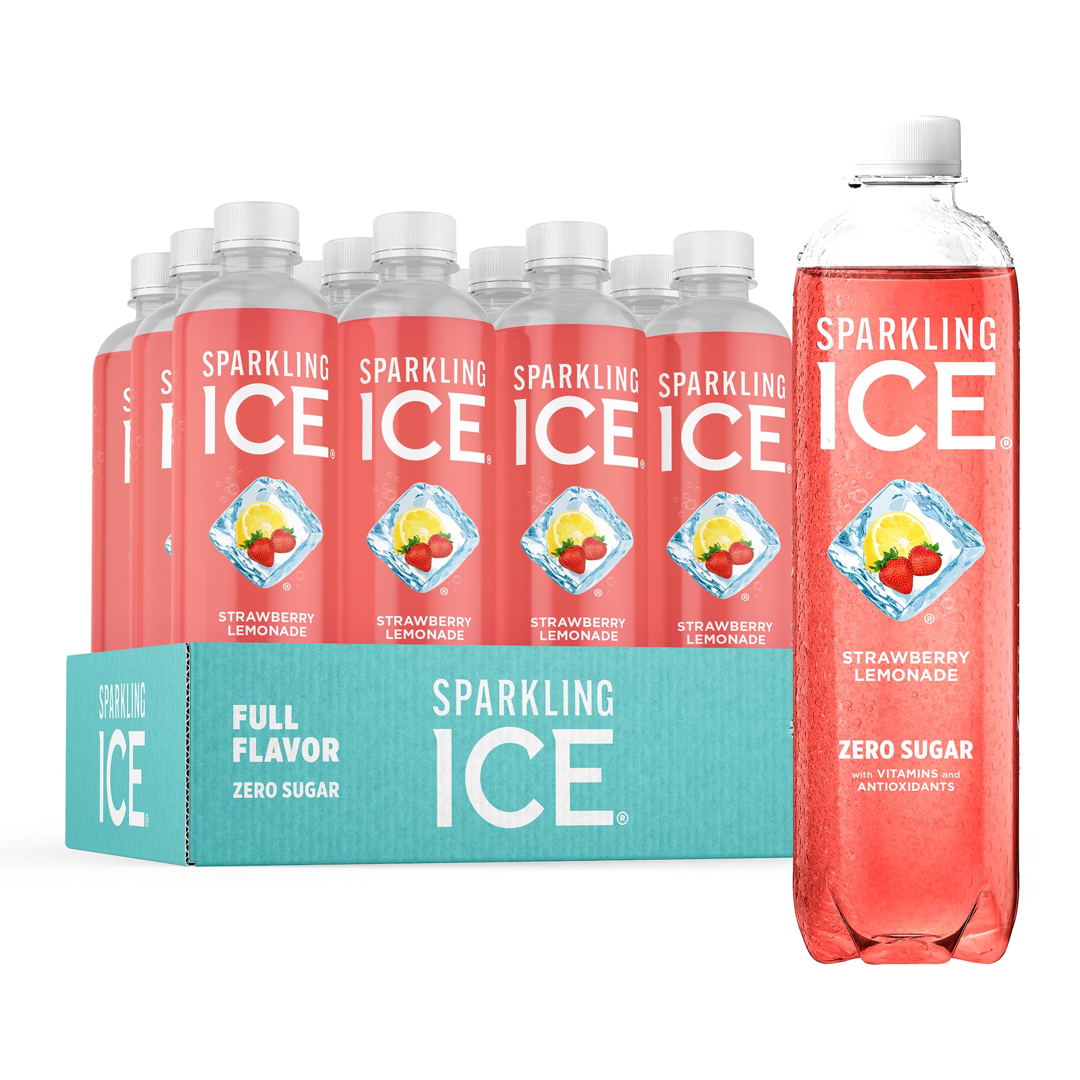 Sparkling Ice, Strawberry Lemonade Sparkling Water, Zero Sugar Flavored Water, with Vitamins and Antioxidants, Low Calorie Beverage, 17 fl oz Bottles (Pack of 12)