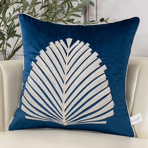 Aeckself Funda de almohada cuadrada azul marino de 20 x 20 pulgadas, diseño de hojas de árbol, funda de cojín de terciopelo moderna de lujo para