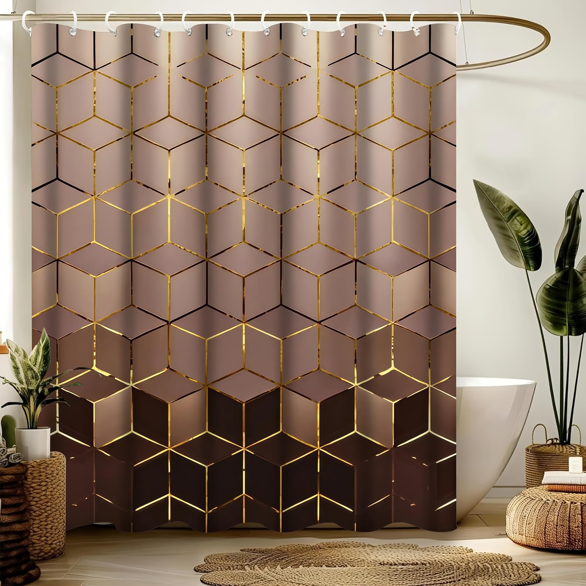 GLWDMB 1 Piece 150x180CM Golden Cube Pattern Printed Shower Curtain With Hook, Polyester Fabric, For Windows And Walls, Bathtub, Bathroom, Machine Washable, All Season Universal