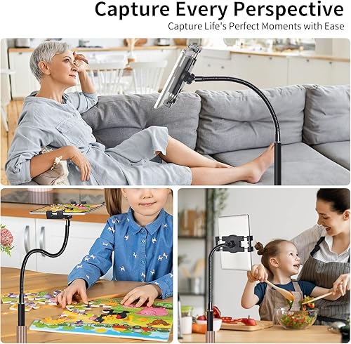 Miniatura 7 de wishacc Soporte de suelo para tablet con soporte de cuello de cisne ajustable, giratorios y ruedas para mesita de noche, compatible con iPad, Galaxy