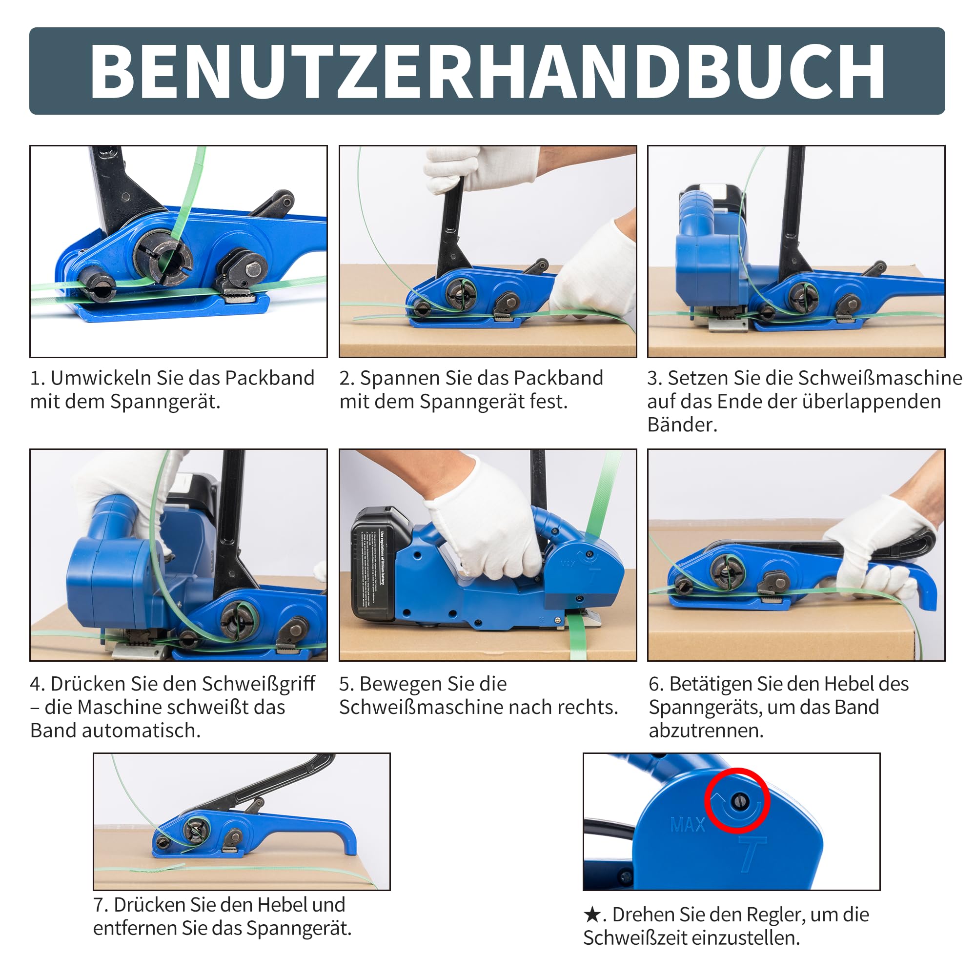 U.S. Solid Umreifungsgerät Akku Elektrisch - Halbautomatische Umreifungsmaschine für 13-19mm PP/PET-Bänder, 2x3000mAh, für Kartons und Paletten