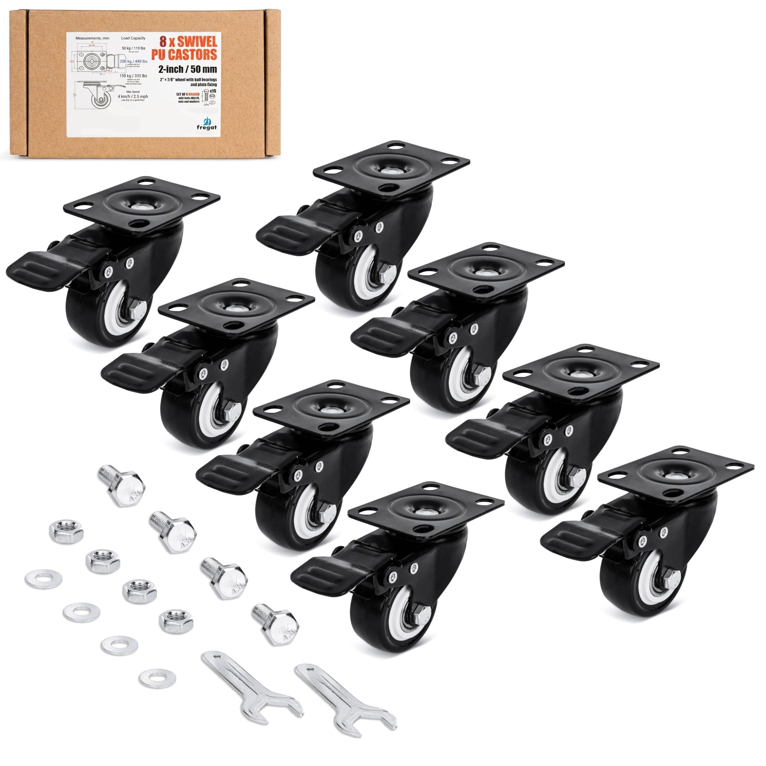50mm/2in PU Braked Swivel Castors Set of 8, Bolt Fixing, Ball-Bearing