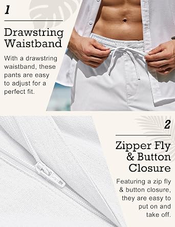 COOFANDY Men's Linen Pants Casual Lightweight Drawstring Beach Summer Pant | Linen Blend, Elastic Waistband, Loose Fit, Straight Leg, Summer Beach, Vacation, Linen Dress Trousers