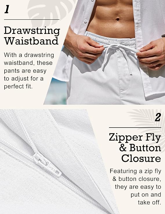 COOFANDY Men's Linen Pants Casual Lightweight Drawstring Beach Summer Pant | Linen Blend, Elastic Waistband, Loose Fit, Straight Leg, Summer Beach, Vacation, Linen Dress Trousers
