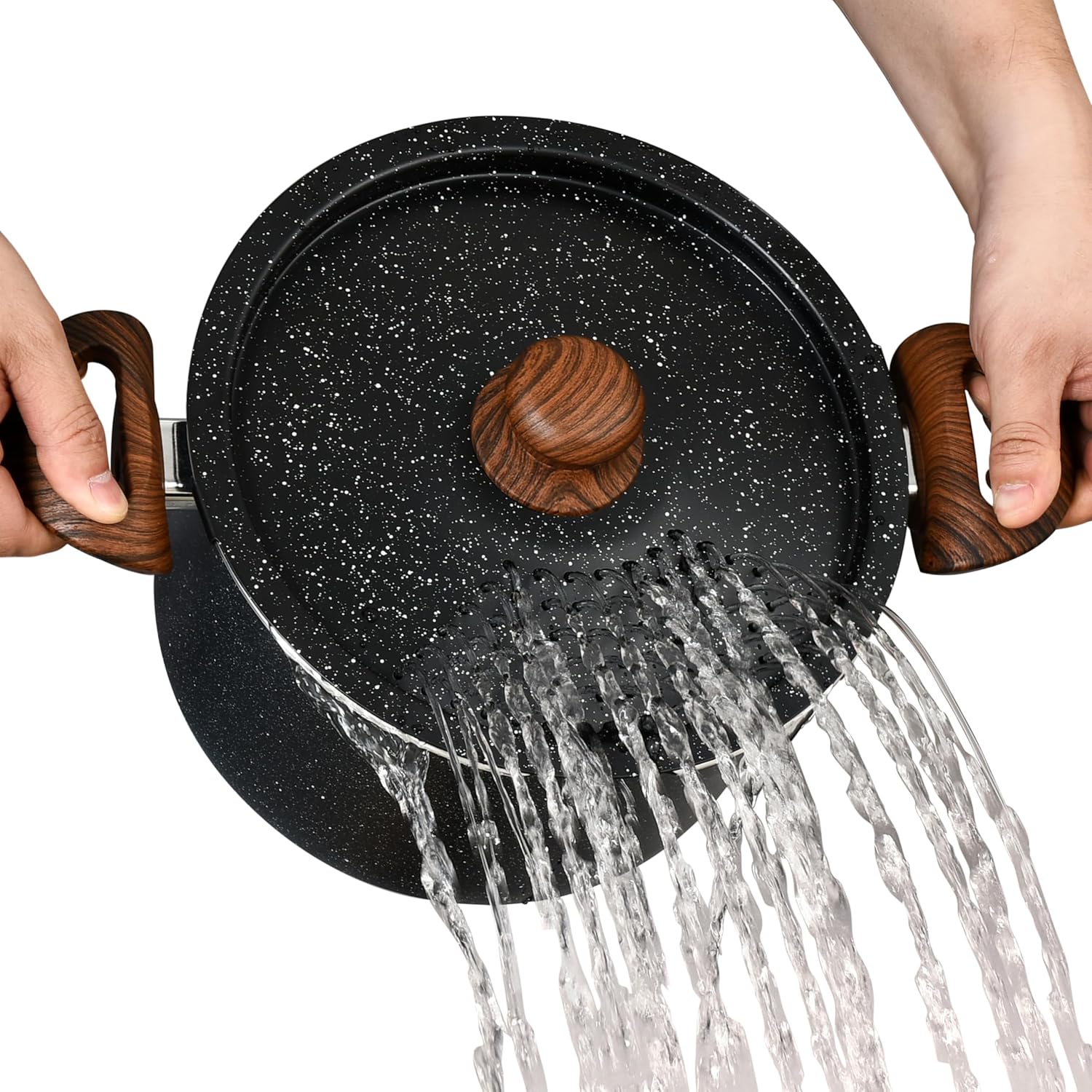 NutriChef 5qt Pasta Pot with Strainer Lid & Pasta Fork | Non-Stick Cooking Pot | Lockable Lid, Heat Resistant Handles | Even Heat Distribution | Easy Clean | Black Marble