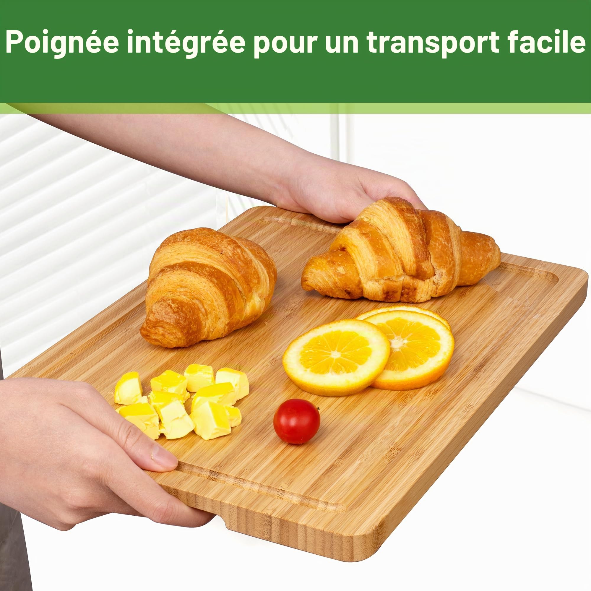 Lot de 3 Planches à Découper en Bambou | Avec bac à jus et Poignée, Disponible en Trois Tailles (S, M, L), avec Support et Couteau à Fruits
