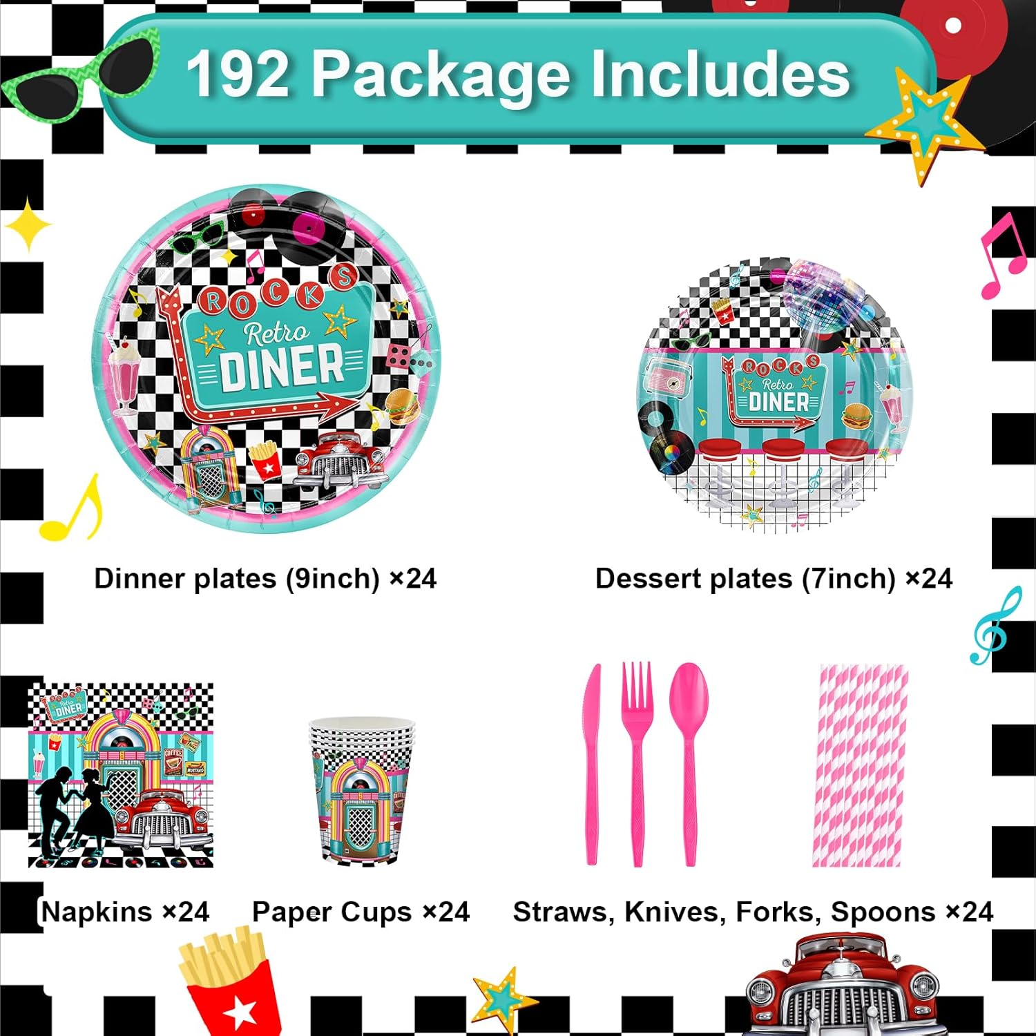 Avezano 192 Pcs 50s Party Plates Napkins, 3pcs 50s Tablecloth 108x54 Inch