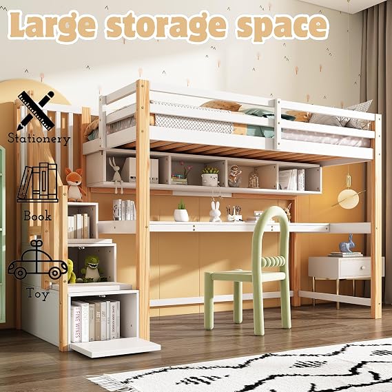 Bunk Bed for Kids, 3ft Wood Bed with Large Desk and Shelves, Children's Loft Bed with Storage Stairs, Slatted Frame, White+Natural, 90x190 cm (No Mattress)