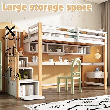 Bunk Bed for Kids, 3ft Wood Bed with Large Desk and Shelves, Children's Loft Bed with Storage Stairs, Slatted Frame, White+Natural, 90x190 cm (No Mattress)