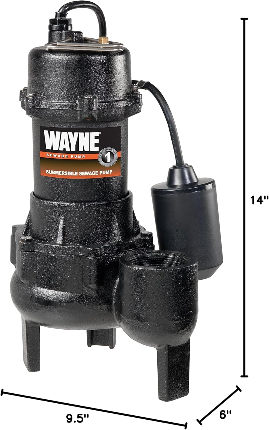 WAYNE RPP50-1/2 HP Cast Iron Sewage Pump with Piggy Back Tether Float Switch - Up to 6,200 Gallons Per Hour - Heavy Duty Sewage and Effluent Pump