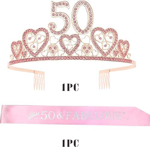 Miniatura 6 de VeryMerryMakering Banda y tiara de cumpleaños número 50 para mujer, fabulosa banda con purpurina + corazones de diamantes de imitación, tiara
