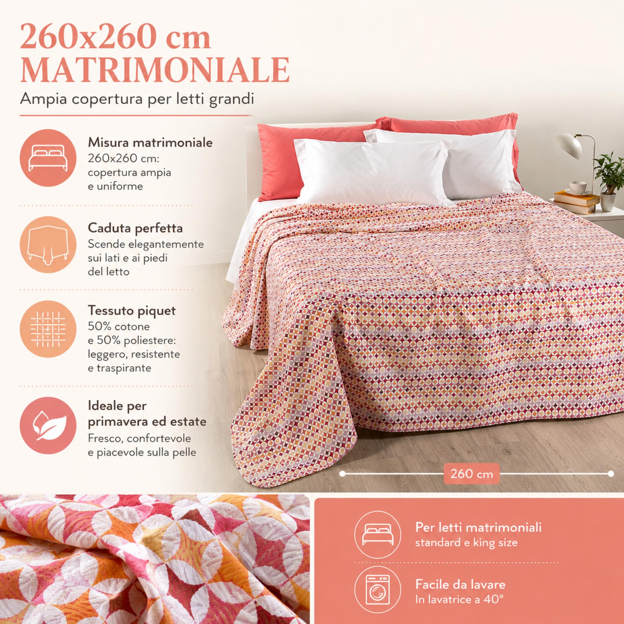 Caleffi Copriletto Matrimoniale Piquet Optical Art 260x260 in Misto Cotone