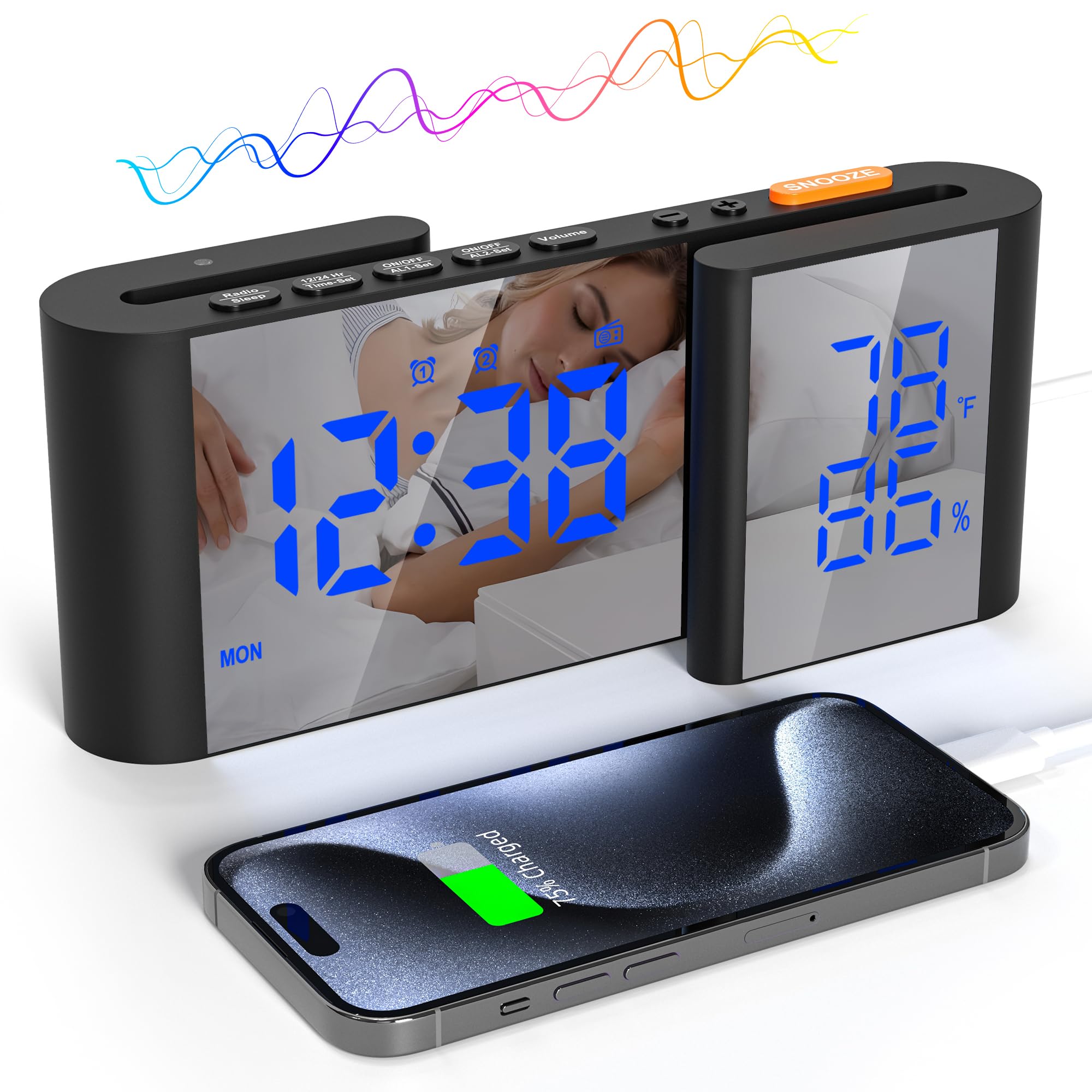 Digitaler Radiowecker 6'' Spiegel LED Uhr mit Luftfeuchtigkeit und Temperatur Duale Alarmeinstellung 15 Stufen einstellbare Lautstärke Schwarz-Blau