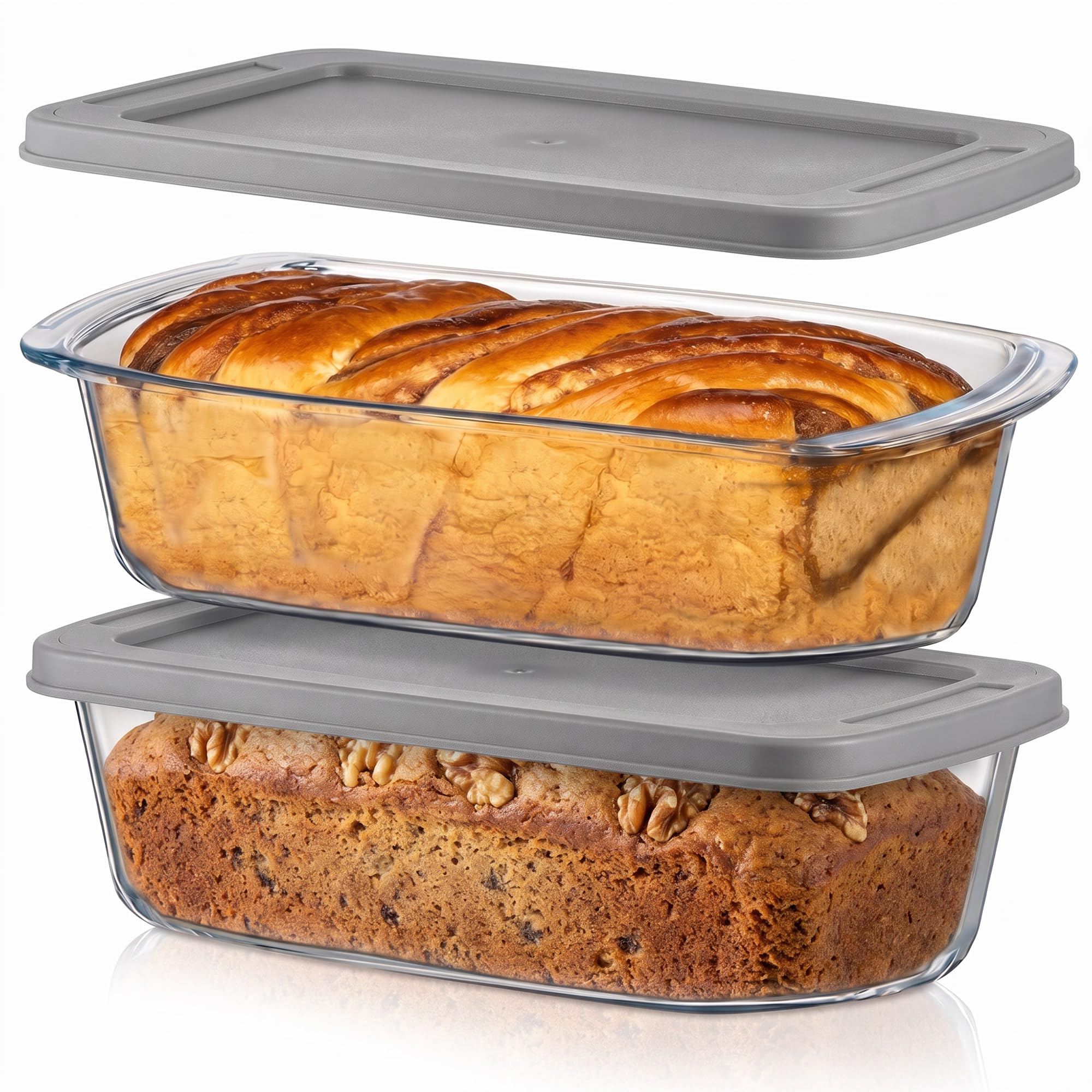 NutriChef 4 Piece Glass Loaf Pan Set with Lids - Stackable 1.9 QT/62oz Glass Bread Baking Dishes - 2 Food Storage Containers + 2 Airtight Lids, Oven &amp; Microwave Safe, Dishwasher Safe - Clear