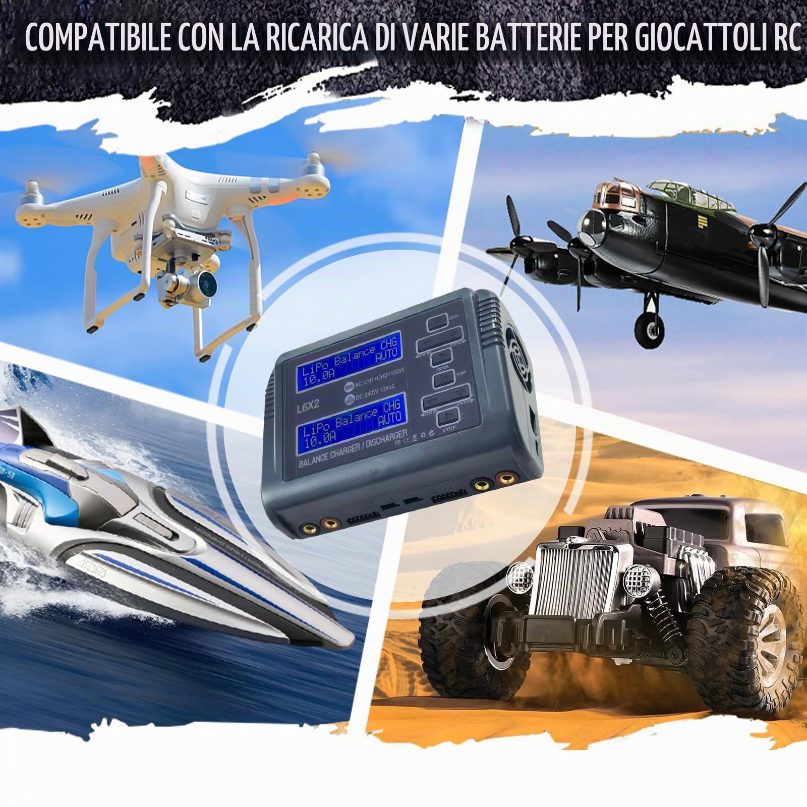 Caricatore di bilanciamento della Batteria Lipo Caricatore RC Ingresso CA/CC Due Porte di Ricarica Potenza di Ricarica Regolabile Compatibile con batterie LiPo 1-6S per Drone per Auto RC 1/10