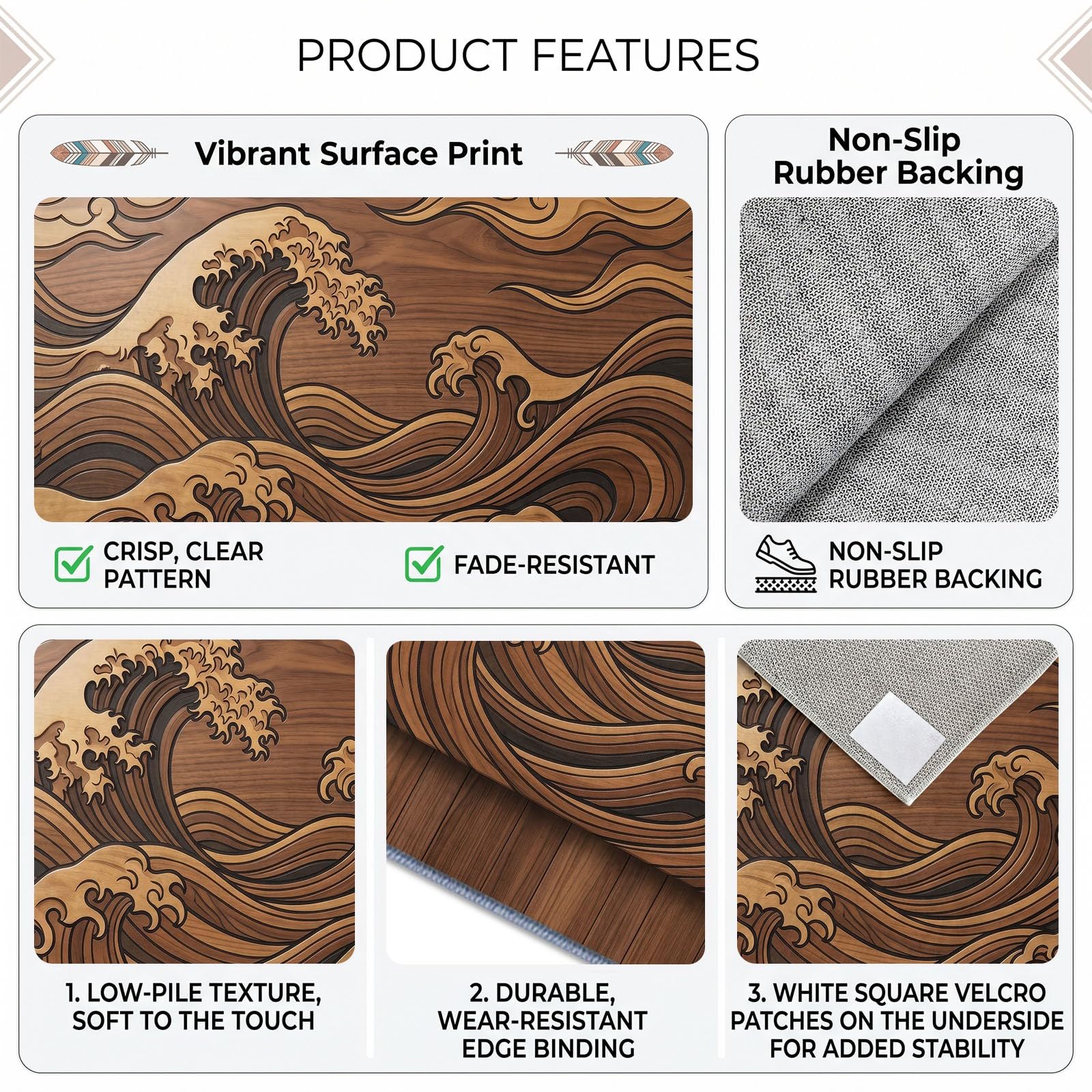 Générique Tapis Salon Paysage Océan Vagues Imitation Bois 160 x 230 cm, Lavable en Machine Tapis de Sol Oriental Doux Antidérapant pour Entree Interieur, Chambre, Salle à Manger